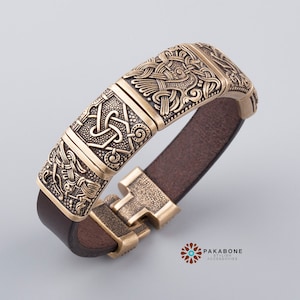 Viking Bracelet Mammen style with Bronze Charms: Hugin - Triquetra - Gullinkambi - Triquetra - Munin art. 001-360