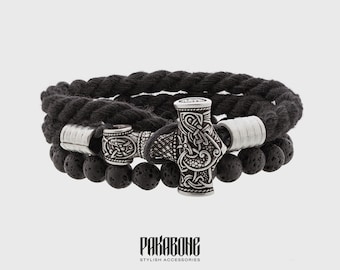 Viking Cotton and Lava Bracelets Set Thor's Hammer Gift for Men Women Nordic Mjolnir Bracelet for Him and Her Viking Norse Jewelry 001-665