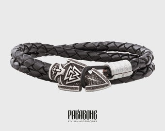 Viking Bracelet with Odin&#39;s Spear Gungnir Gift for Men and Women Norse LeatherWristband for Him and Her Viking Pagan Jewelry 001-628