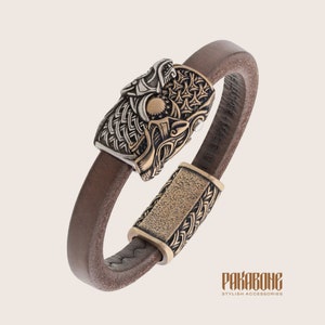Viking Leather Bracelet with Wolves Skoll and Hati Norse Wristband Gift for Men and Women Pagan Viking Nordic Jewelry for Him and Her 01-173