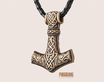 Large Bronze Mjolnir Pendant, Viking Norse Amulet Necklace, Thor Hammer Jewelry