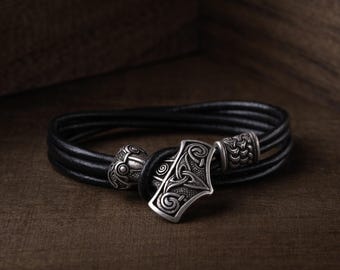 Mjolnir Bracelet for Men, Viking Thor Hammer Leather Bracelet, Norse Warrior Jewelry, Nordic Protection Gift for Him, Scandinavian Bracelet