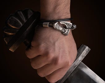 Mens Viking Bracelet with Norse Axe, Nordic Leather Bracelet for Men, Viking Jewelry Gift for Him