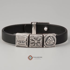Viking Bracelet with Sterling Silver Charms: Drakkar, Vegvisir, Valknut art. 001-175