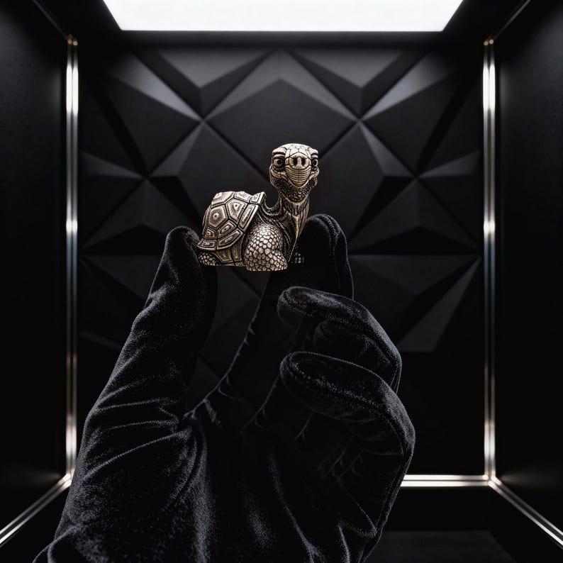 May include: A detailed silver-colored turtle figurine with intricate shell and face details. The turtle is held against a black background, showcasing its design. The figurine is a decorative item.