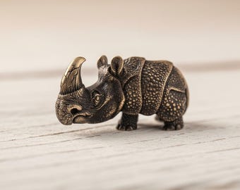 Bronze Rhino Figurine, Miniature Rhinoceros Sculpture, Handmade Bronze Animal Statue, Wildlife Collectible, Animal Lover Gift, Desk Decor