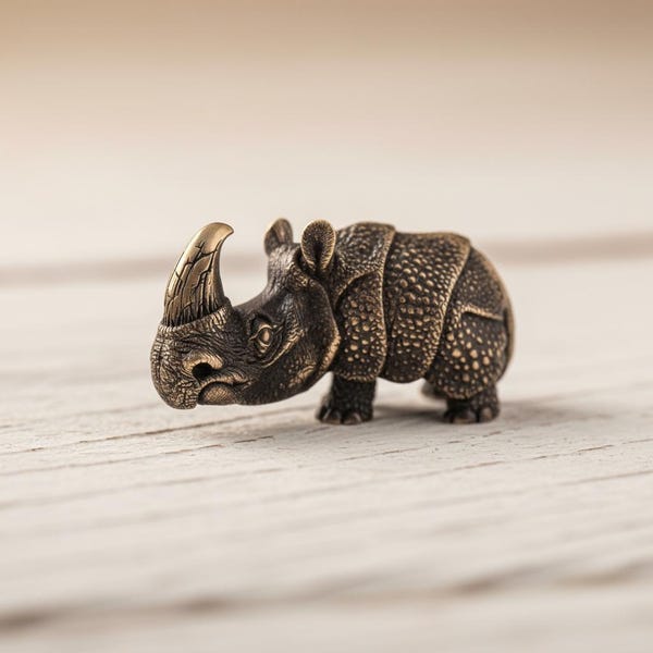 Bronze Rhino Figurine, Miniature Rhinoceros Sculpture, Handmade Bronze Animal Statue, Wildlife Collectible, Animal Lover Gift, Desk Decor