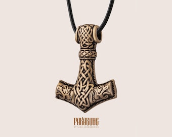 Wikinger Mjölnir Anhänger Thors Hammer Halskette, Bronze Nordischen Schutz Amulett, Nordischen Pagan Schmuck Geschenk für Männer Frauen, Einzigartiger Schmuck