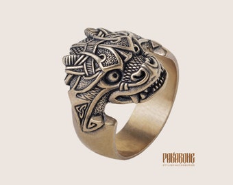 Viking Jormungandr Ring Bronze, Midgard Serpent Norse Ring, Nordic Viking Jewelry, Scandinavian Talisman Ring