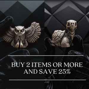 May include: Two detailed metal figurines: an owl with outstretched wings and a turtle. The owl is on the left, and the turtle is on the right. The text "BUY 2 ITEMS OR MORE AND SAVE 25%" is displayed in white.