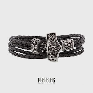 Viking Leather Bracelet with Thor's Hammer Gift for Men and Women Protection Mjolnir Bracelet for Him and Her Viking Norse Jewelry 001-620