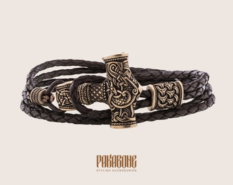 Viking Leather Bracelet with Thor's Hammer Gift for Men and Women Protection Mjolnir Bracelet for Him and Her Viking Norse Jewelry 001-622