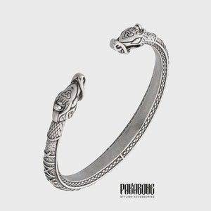 Viking Solid Silver Adjustable Bracelet with Runes Torc With Dragon for Men Women Arm Ring Gift for Him and Her Viking Norse Jewelry 001-778