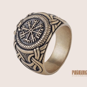 Viking Vegvisir Ring Bronze, Norse Compass Ring with Jormungandr, Nordic Protection Jewelry for Men, Pagan Norse Yule Ring, Gift for Him