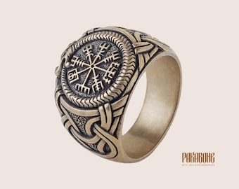 Anillo vikingo Vegvísir de bronce, anillo con brújula nórdica y Jörmungandr, joyería nórdica de protección para hombre, anillo pagano nórdico de Yule, regalo para él