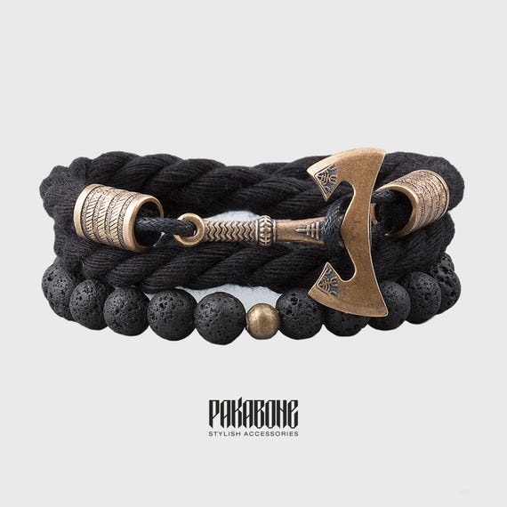 Viking Axe Bracelet Set, Norse Lava Beads Wristband, Nordic Rope Bracelet for Men Women, Pagan Jewelry Gift for Him Her