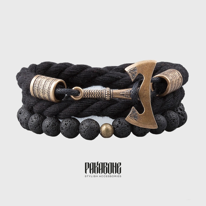 Viking Axe Bracelet Set, Perun Axe Lava Stone Bracelets, Norse Warrior Jewelry, Yule Gift for Him image 1