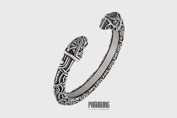 Viking Bracelet with Ravens, Odin Arm Ring, Nordic Cuff Bracelet, Norse Jewelry for Men, Sterling Silver Viking Bangle, Scandinavian Jewelry