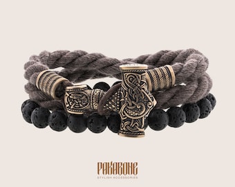 Viking Bracelet Set for Men, Thor’s Hammer Mjolnir Bracelet, Mens Jewelry, Lava Stone and Cotton Rope Bracelets, Norse Jewelry Gift for Him