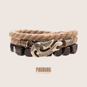 Maori Style Cotton and Wooden Bracelets Set with Fishing Hook Hei Matau for Men Women Polynesian Nautical Surfer Beach Ocean Jewelry 001-677