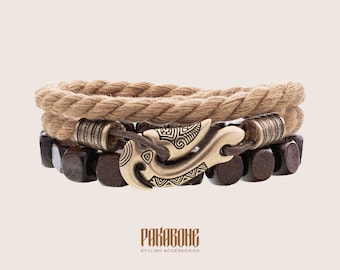 Maori Style Cotton and Wooden Bracelets Set with Fishing Hook Hei Matau for Men Women Polynesian Nautical Surfer Beach Ocean Jewelry 001-677