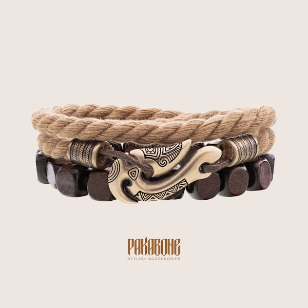 Maori Style Cotton and Wooden Bracelets Set with Fishing Hook Hei Matau for Men Women Polynesian Nautical Surfer Beach Ocean Jewelry 001-677