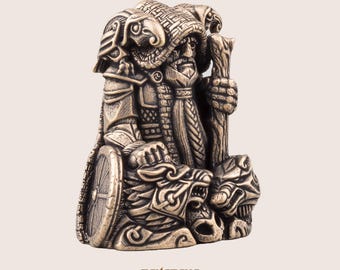 Odin Bronze Figurine with Ravens Hugin Munin and Wolves Geri Freki - Wotan Statue - Norse Mythology Bronze Figurines - art 001-684
