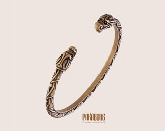 Viking Bracelet with Dragon's Head - Viking Jewelry Arm Ring - Adjustable Bronze Armband -  Norse Cuff Bracelet for Men Women - 001-247