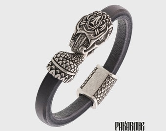 Pulsera de cuero vikingo Pulsera Jormungandr Brazalete nórdico del dragón Ouroboros para él y su regalo de joyería vikinga para hombres y mujeres 001-005