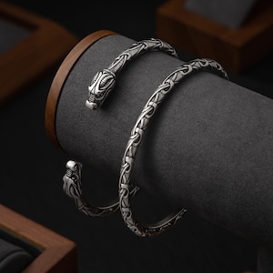 Viking Sterling Silver Bracelet With Dragon&#39;s Head - Norse Metal Adjustable Torc - Viking Nordic Pagan Jewelry Gift for Men Women - 001-219