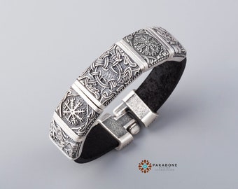 Viking Bracelet Mammen style with Bronze Charms: Hugin - Vegvisir - Yggdrasil - Helm of Awe - Munin art. 001-378