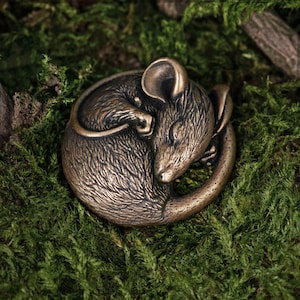 Bronze Miniature Sleeping Mouse Brass Animal Sculpture Mouse Collectible Figurine Netsuke Style Statuette Miniature Pendant Mouse 001-576 image 1
