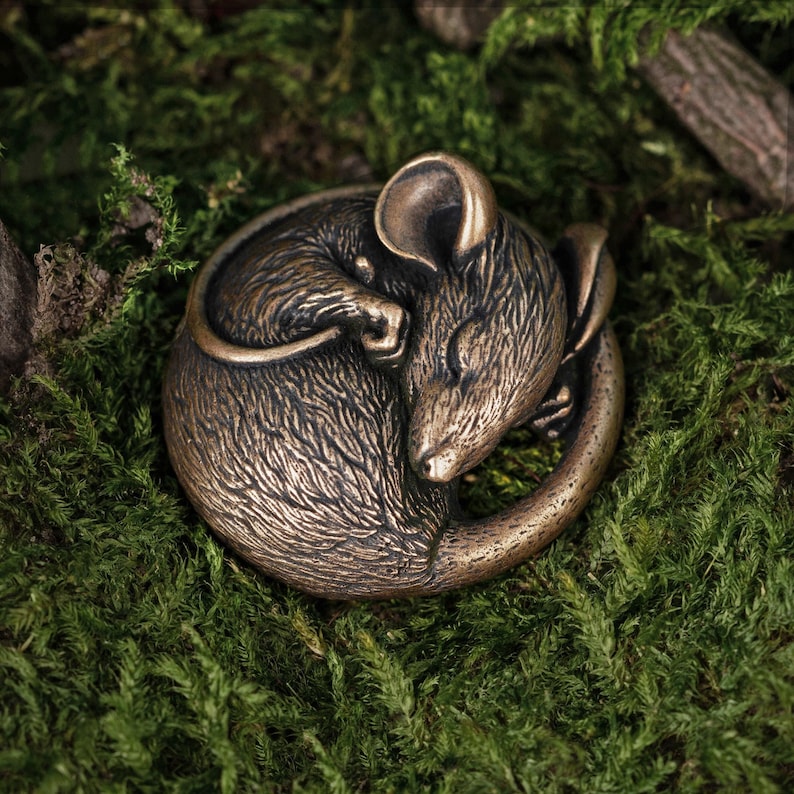 Bronze Miniature Sleeping Mouse Brass Animal Sculpture Mouse Collectible Figurine Netsuke Style Statuette Miniature Pendant Mouse 001-576 image 1