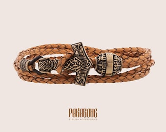 Viking Leather Bracelet Mjolnir Thor Hammer, Norse Bracelet for Men, Vegvisir Viking Jewelry, Nordic Leather Bracelet, Viking Gift for Him