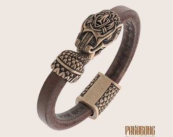 Viking leather Bracelet with Dragon Jormungandr Gift for Men and Women Wristband Ouroboros for Him Her Viking Norse Pagan Jewelry 000-999