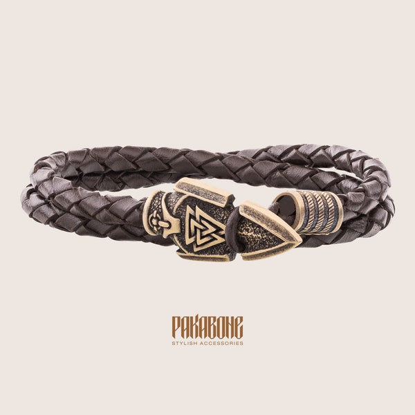 Viking Leather Bracelet with Odin's Spear Gift for Men and Women Norse Wristband with Gungnir for Him and Her Viking Pagan Jewelry 001-627