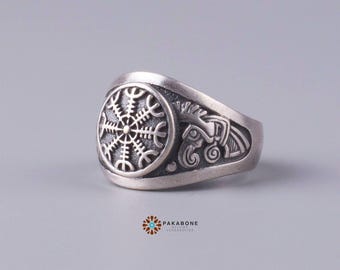 Viking Ring Helm of Awe, Odin Ravens Huginn Muninn, Silver Plated Bronze Norse Ring, Pagan Viking Jewelry, Scandinavian Talisman Ring