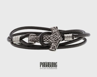 Viking Leather Bracelet with Thor&#39;s Hammer Gift for Men and Women Protection Mjolnir Bracelet for Him and Her Viking Norse Jewelry 000-824