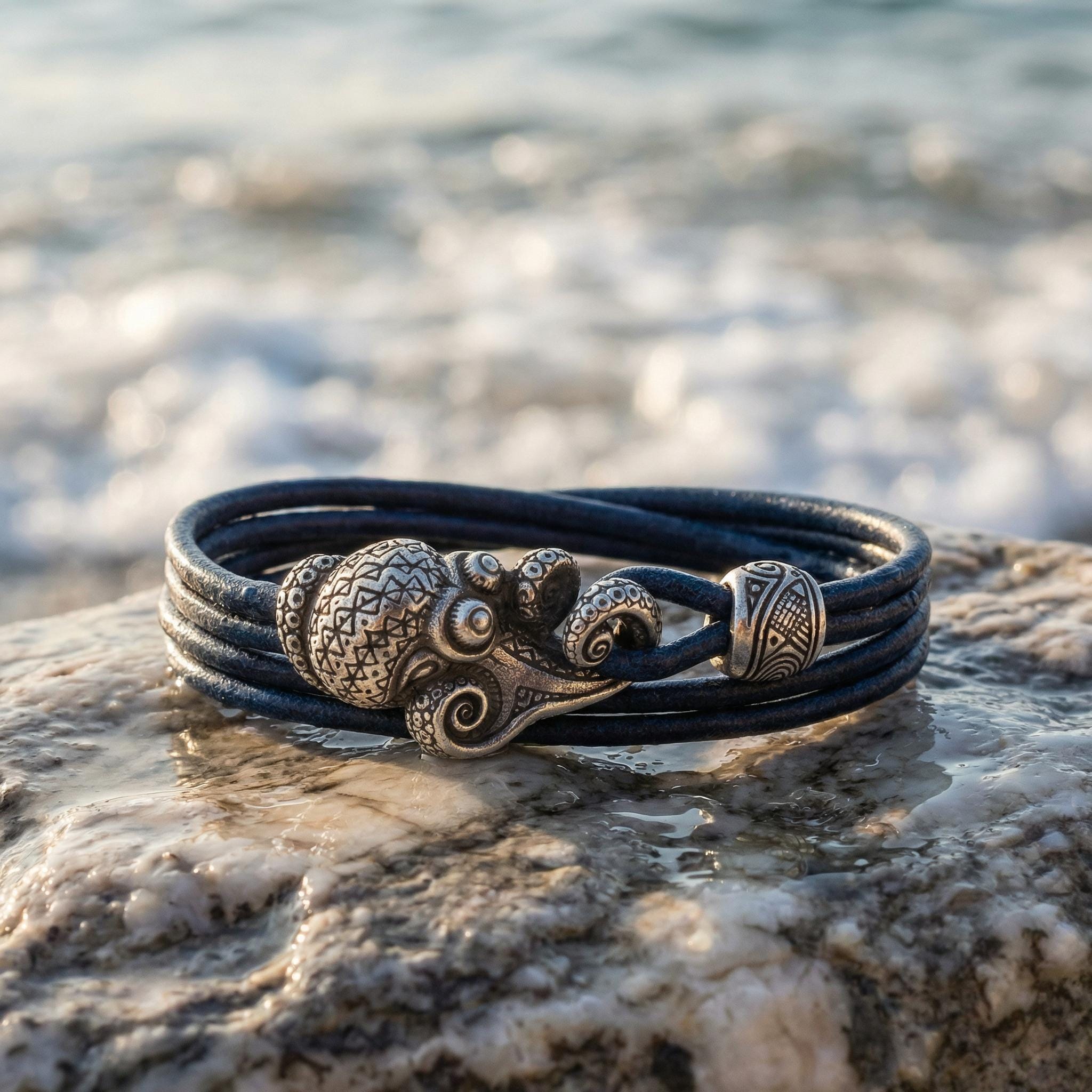 Octopus Leather Bracelet for Men, Bronze Minimal Bracelet, Ocean