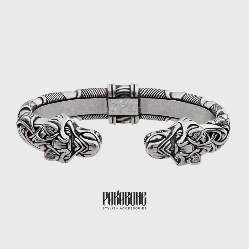 Viking Warrior Bracelet Norse Metal Adjustable Arm Ring Cuff Torc with Wolf Heads Viking Jewelry for Men Women Gift for Him and Her 000-923 image 4
