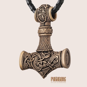 Collier Viking en bronze Mjolnir taille extra large - Pendentif marteau de Thor - Bijoux nordique Viking Mjolnir pour homme et femme - 001-573