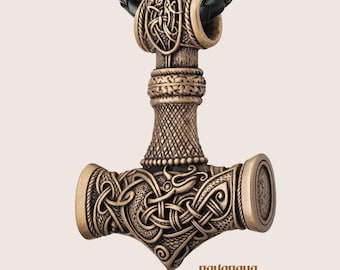Bronze Viking Necklace Mjolnir Size Extra Large - Thor's Hammer Pendant - Viking Norse Jewelry Gift Mjolnir for Men and Women - 001-573