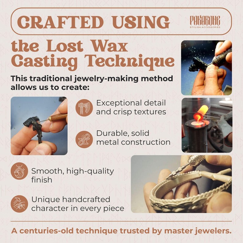 The image is a collage of four photographs depicting the traditional jewelry-making process using the Lost Wax Casting Technique. The text highlights the benefits of this technique, such as the ability to create exceptional detail and crisp textures, durable solid metal construction, smooth and high-quality finish, and unique handmade character in every piece. The image is described as a centuries-old technique trusted by master jewelers, emphasizing its historical and artisanal nature.