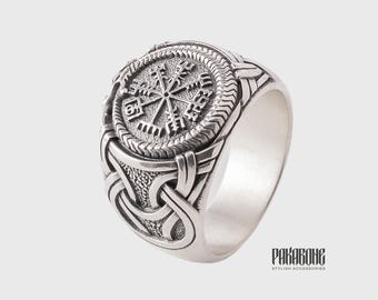 Sterling Silver Viking Vegvisir Ring with Jormungandr, Norse Signet Ring, Viking Jewelry for Men, Nordic Compass Ring, Norse Mythology Gift