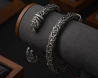 Viking Bracelet Oseberg Style With Odin's Ravens Hugin & Munin - Norse Adjustable Cuff - Viking Pagan Jewelry for Men and Women 001-092