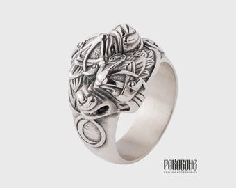 Viking Ring Wolves - Norse Ring with Hati & Scoll  Moon and Sun - Viking Jewelry for Men Women art 001-320