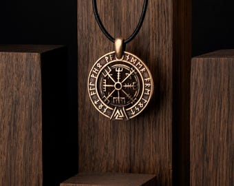 Vegvisir Vikinghalsband i brons, isländskt magiskt kompasshänge med runor, nordisk skyddande amulett för män och kvinnor