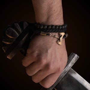 Viking Axe Bracelet Set, Perun Axe Lava Stone Bracelets, Norse Warrior Jewelry, Yule Gift for Him image 2