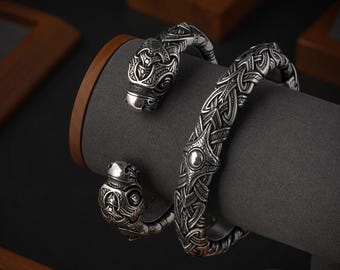 Viking Bracelet With Dragon Heads - Norse Adjustable Cuff Jormungandr - Viking Nordic Pagan Jewelry Armring for Men Women - art. 001-759