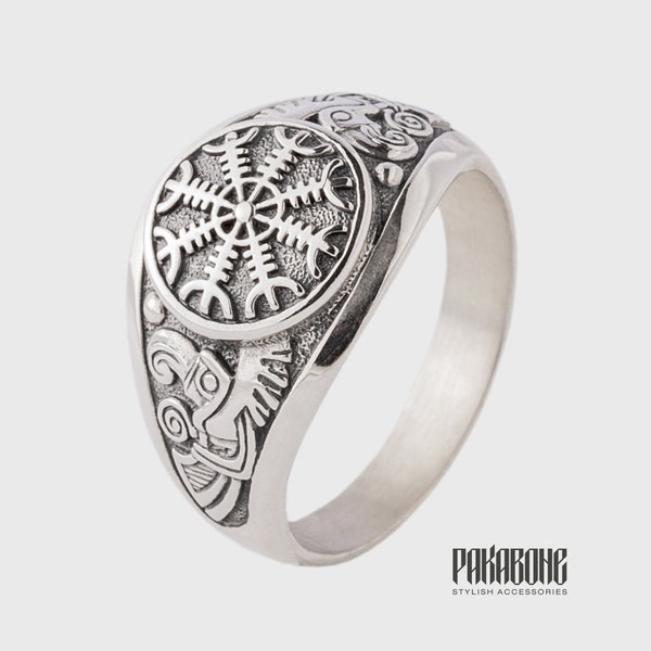 Viking Ring Helm of Awe and Odin's Ravens Hugin Munin - Viking Jewelry for Men Women art 001-225